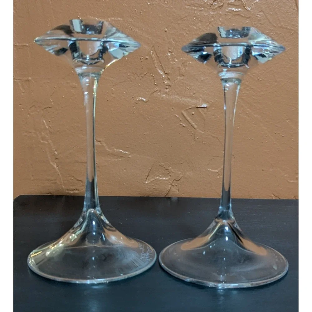 Kosta Boda Fanfare Crystal Candlesticks Set of 2 Signed & No. Kjell Engman 68205